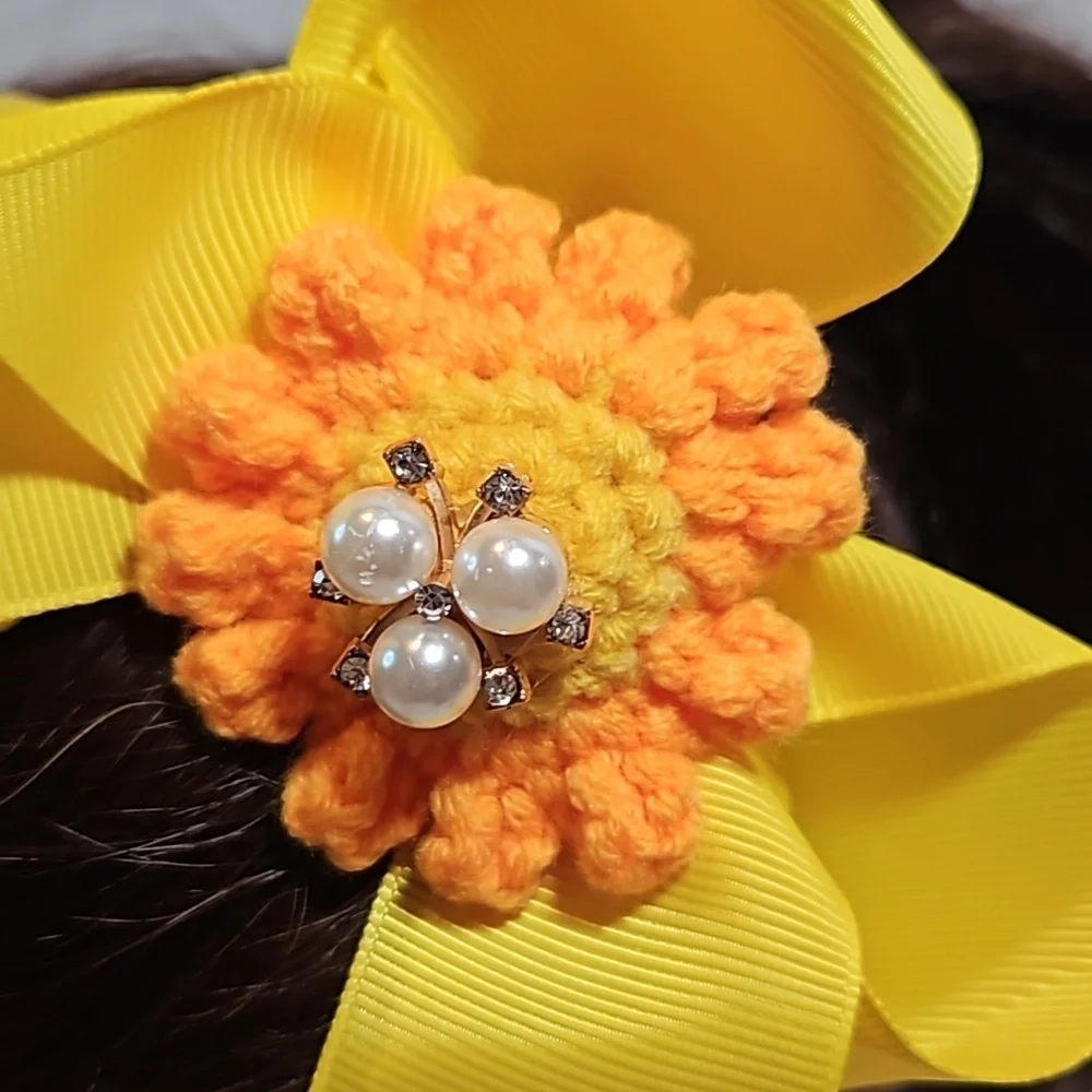 Hand Crafted yellow bow hairband hand crochet flower faux pearls beads floral